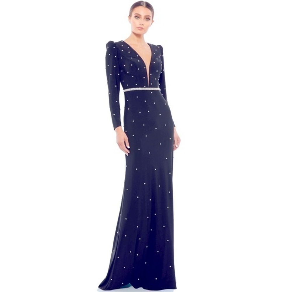 Mac Duggal Ieena Glittering rhinestones embellish plunging column Evening Gown